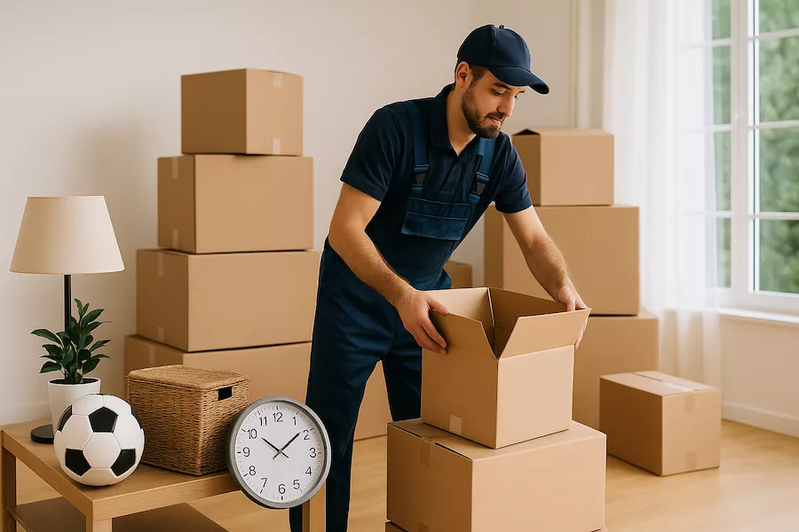Flyttfirma som packar lådor medan vissa föremål lämnas utanför