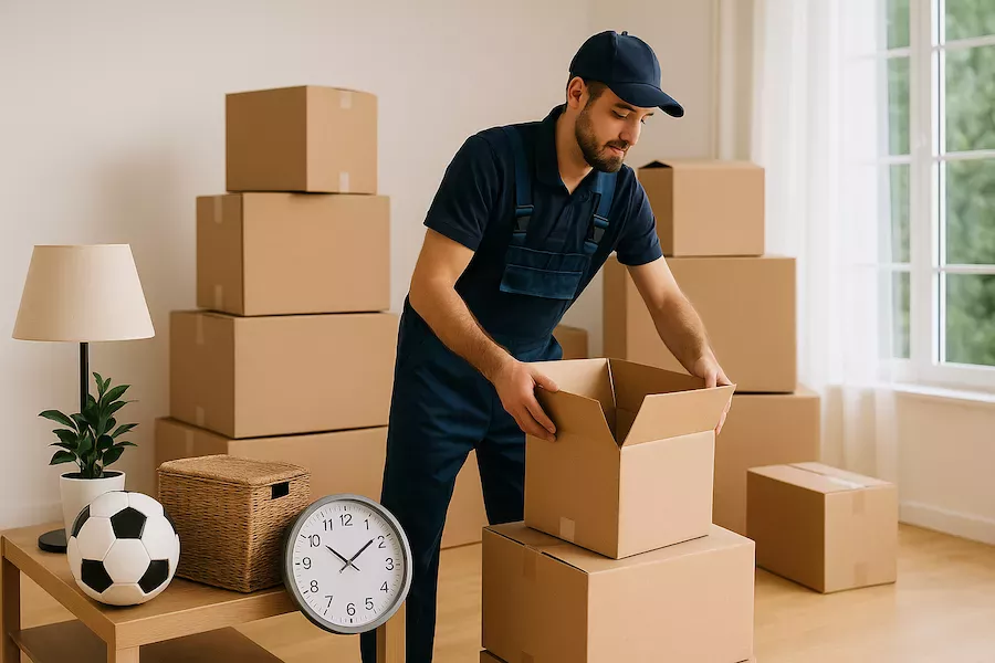 Flyttfirma som packar lådor medan vissa föremål lämnas utanför